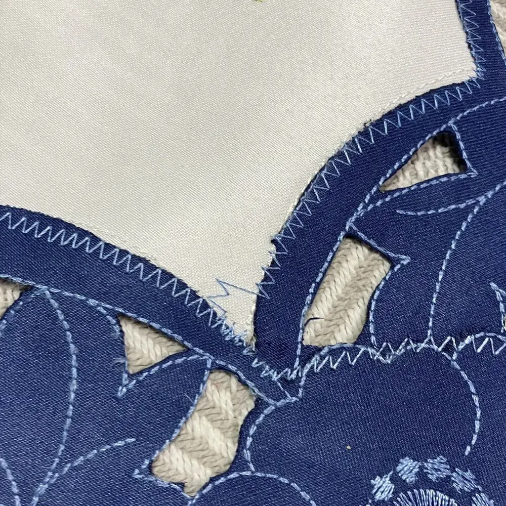 Floral Table Runner Machine Embroidered and Cut Blue Lace Trim 15x34 Polyester